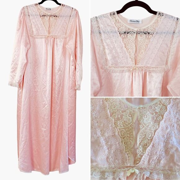 Christian Dior Vintage 80s Pale Pink Satin Lace Embroidered Nightgown Sz XL - Picture 16 of 16